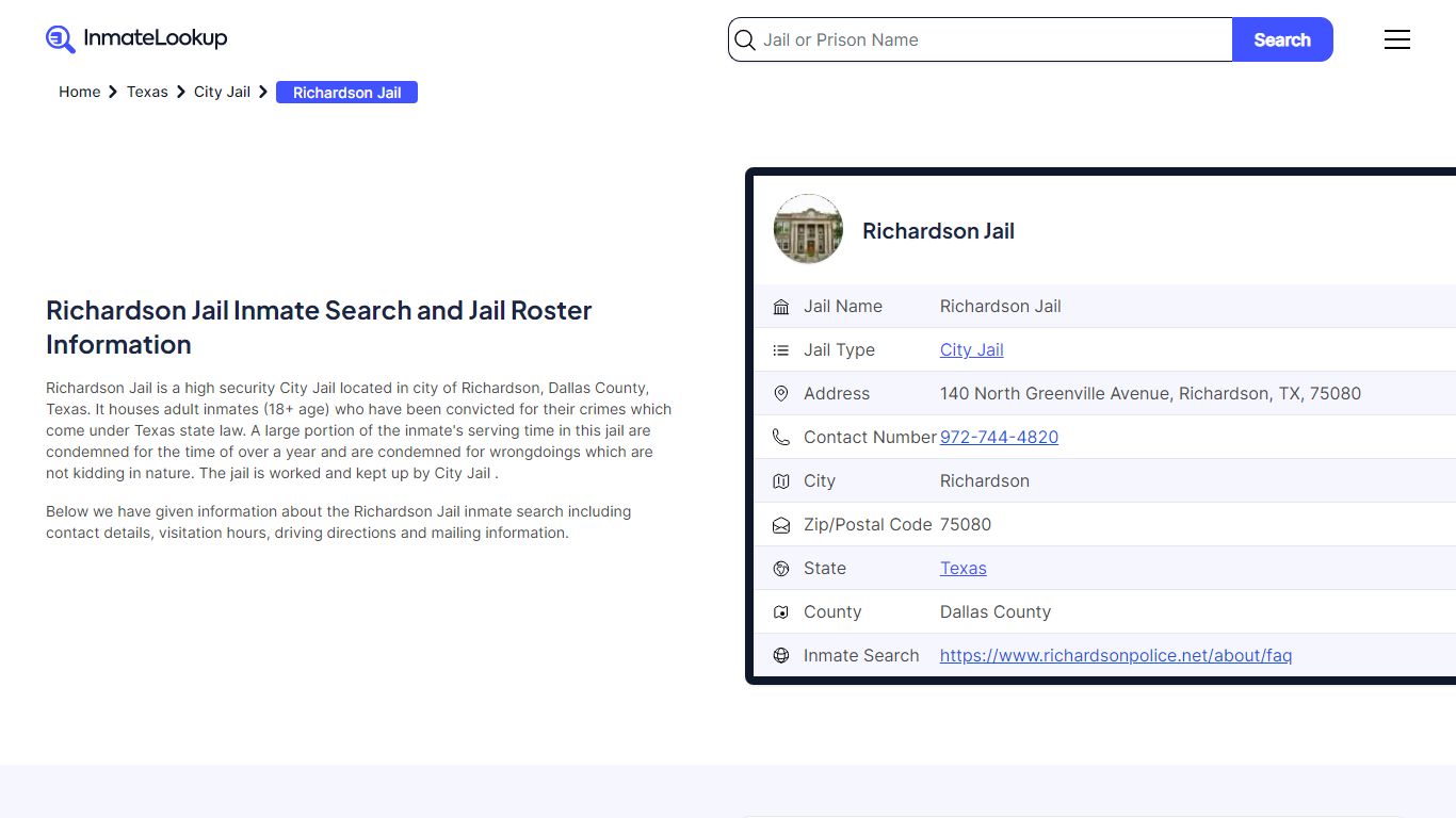 Richardson Jail Inmate Search and Jail Roster Information